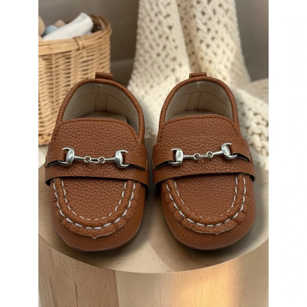 Lucky Brand Infant Boys Brown Pebbled Horsebit Loafers Crib Shoes Size 3